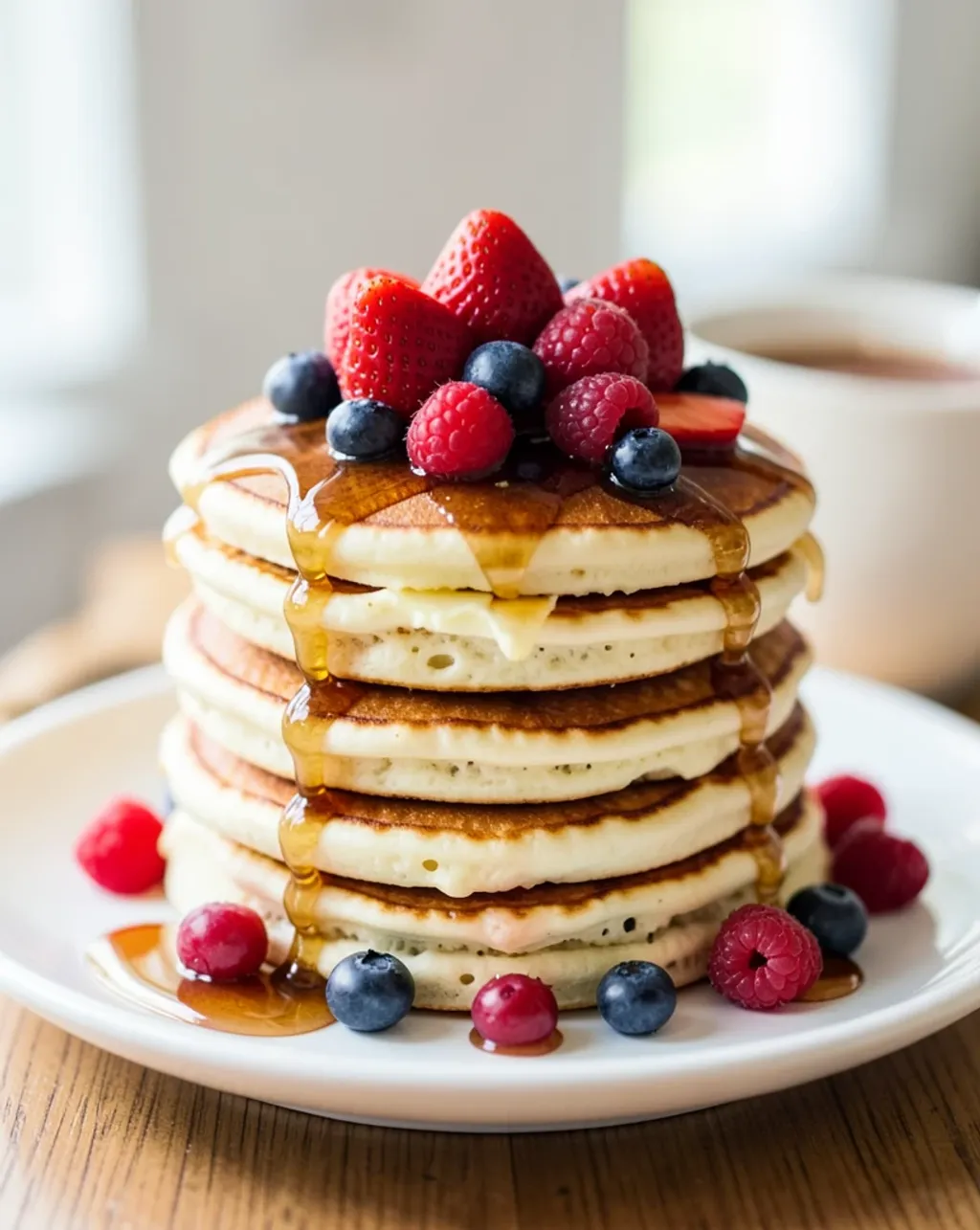 Tall stack of fluffy pancakes with maple syrup, fresh berries, and melting butter in soft morning light