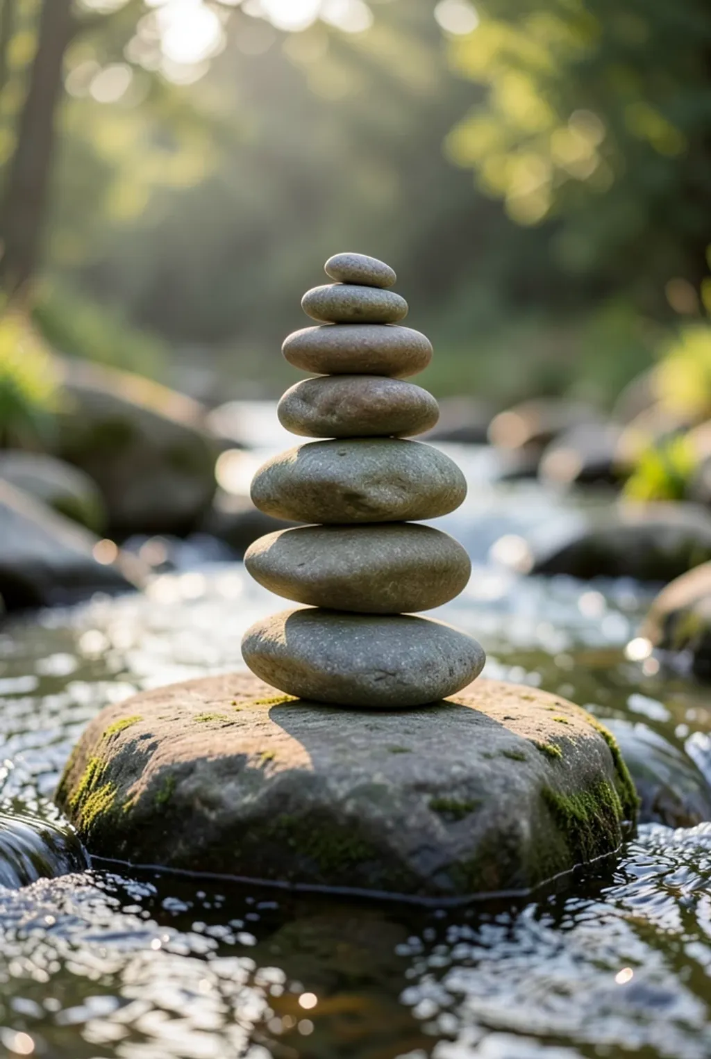 Smooth rounded river stones balanced in a tall cairn on a flat rock with shallow stream and morning light