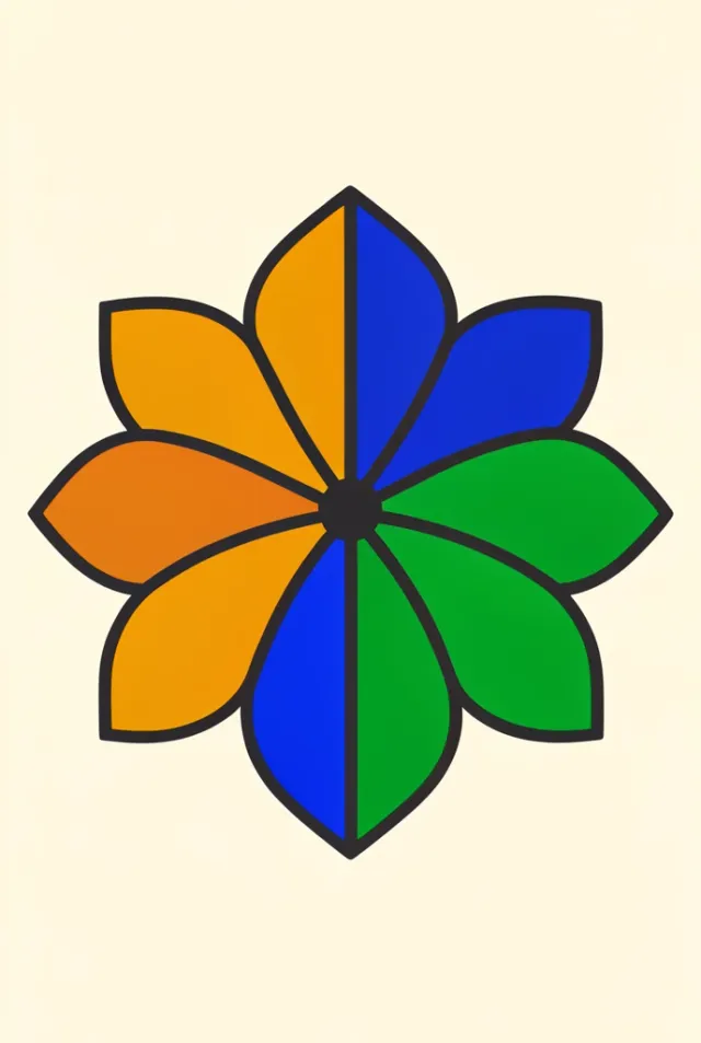A flat diagram of a stained glass panel with amber, cobalt and green pieces joined by lead came.
