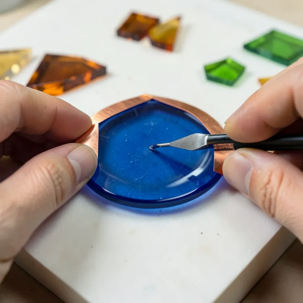 Hands wrapping copper foil around the edge of a cobalt-blue glass piece on a light table
