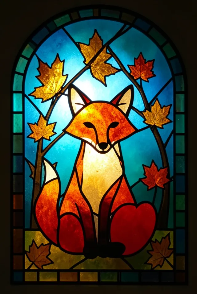 Stained glass panel of a red fox among amber autumn branches against a cobalt glass sky