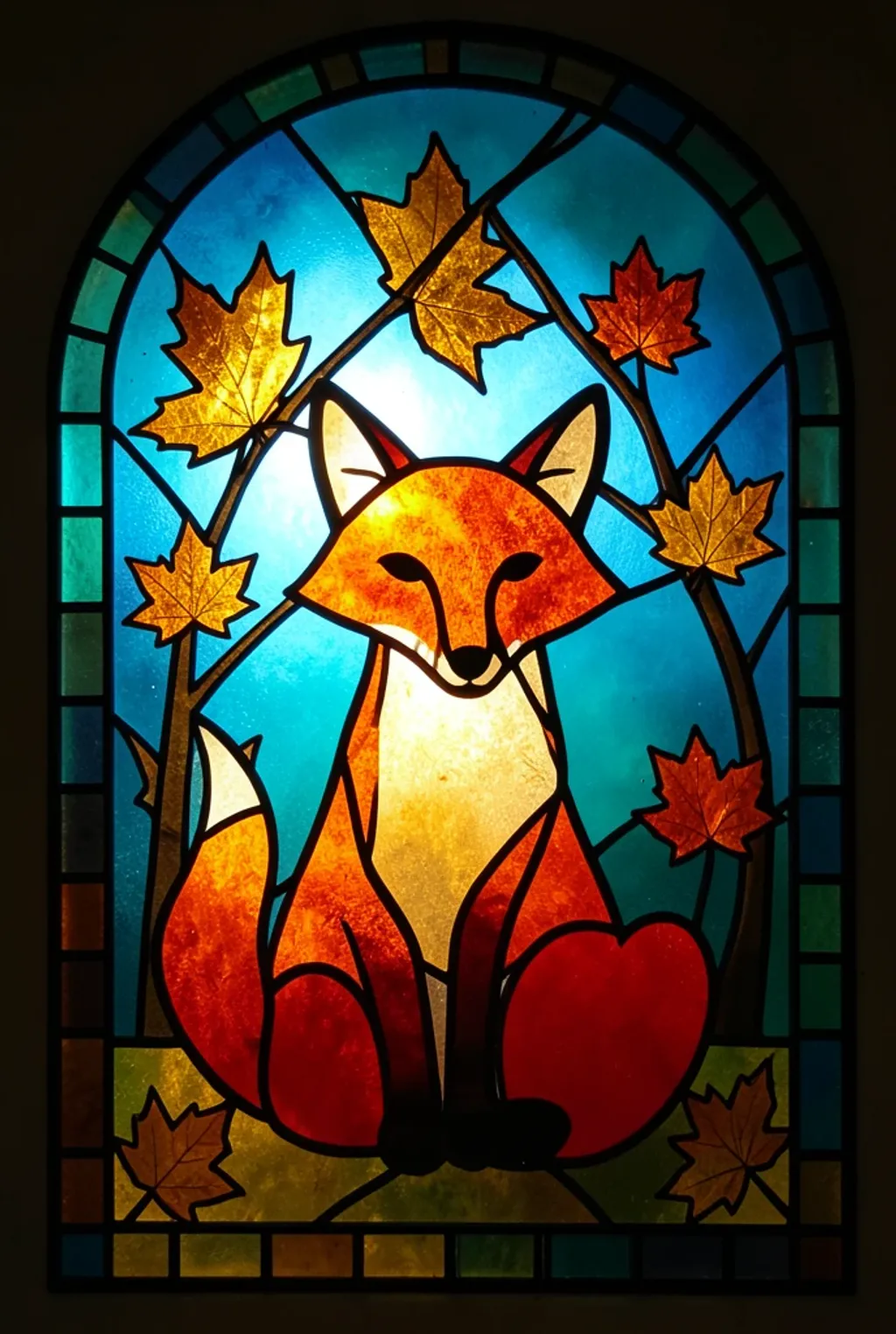 Stained glass panel of a red fox among amber autumn branches against a cobalt glass sky