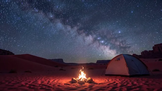 Campfire glowing under the Milky Way in a desert with a tent and red sand dunes