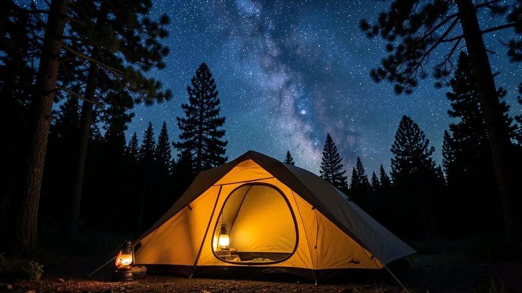 Glowing camping tent under a starry night sky with the Milky Way and pine trees