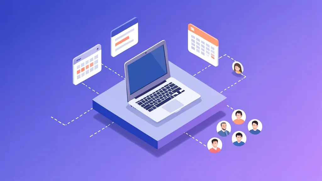Startup hero illustration of an isometric laptop with floating task cards and calendar in indigo violet and coral
