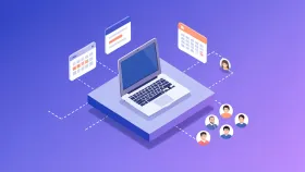 Startup hero illustration of an isometric laptop with floating task cards and calendar in indigo violet and coral