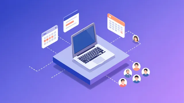 Startup hero illustration of an isometric laptop with floating task cards and calendar in indigo violet and coral