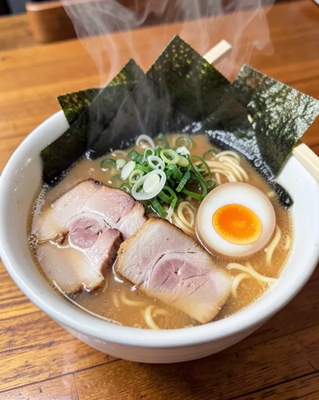 Steaming bowl of ramen with chashu pork, soft egg, green onions, and nori on a wooden table