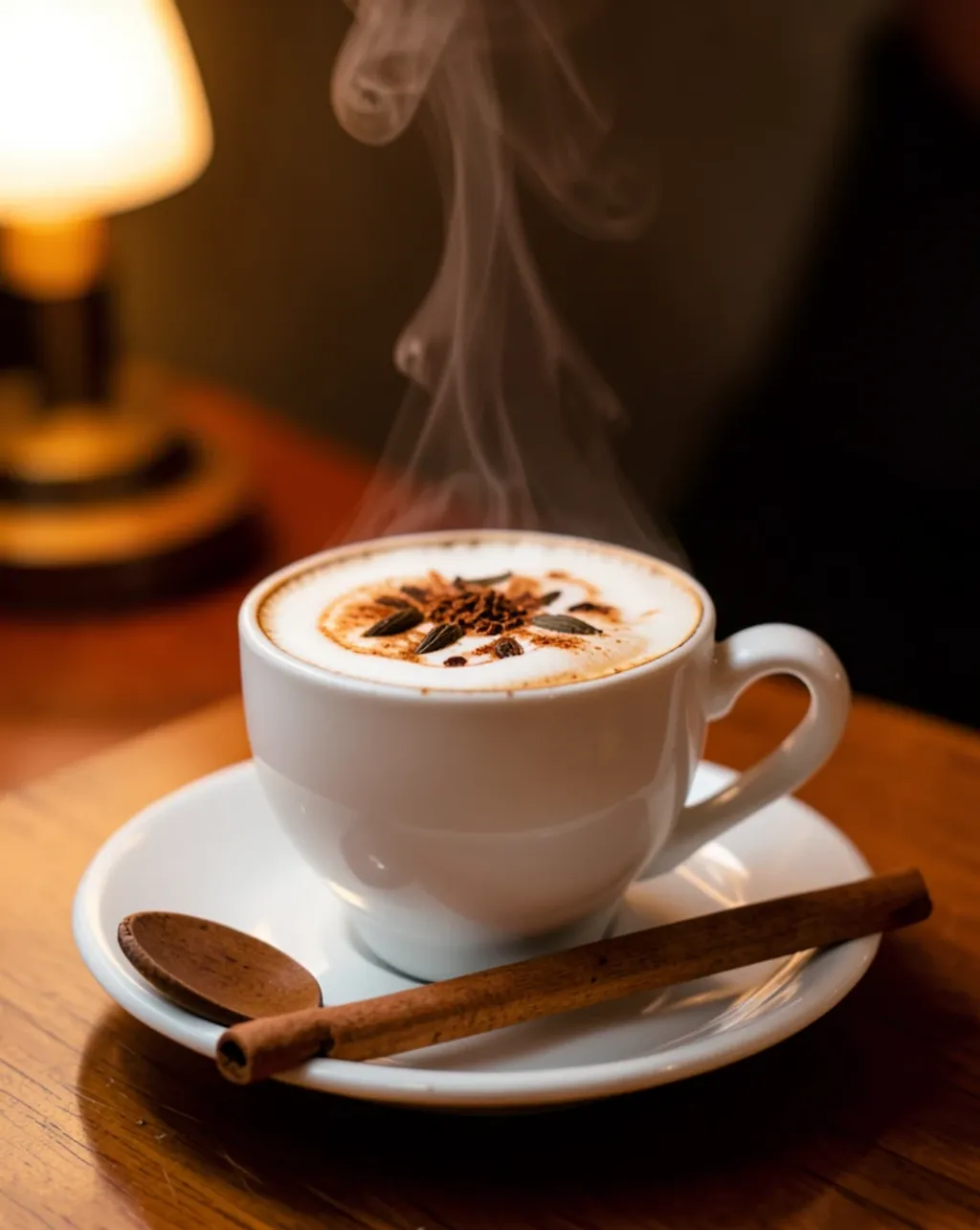 Steaming chai latte with frothy spice swirls, cinnamon stick, and cozy side light on a saucer