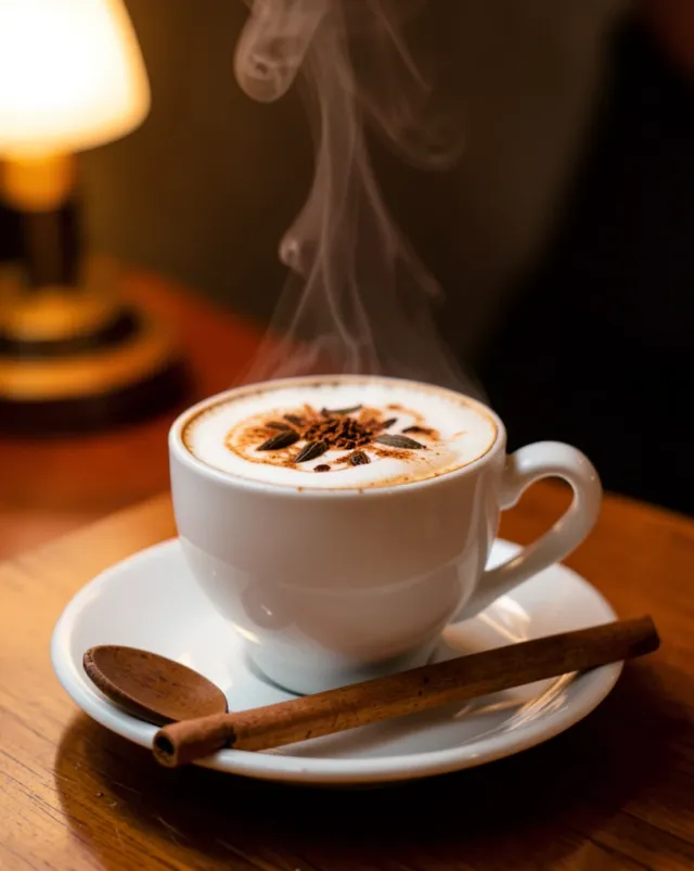Steaming chai latte with frothy spice swirls, cinnamon stick, and cozy side light on a saucer
