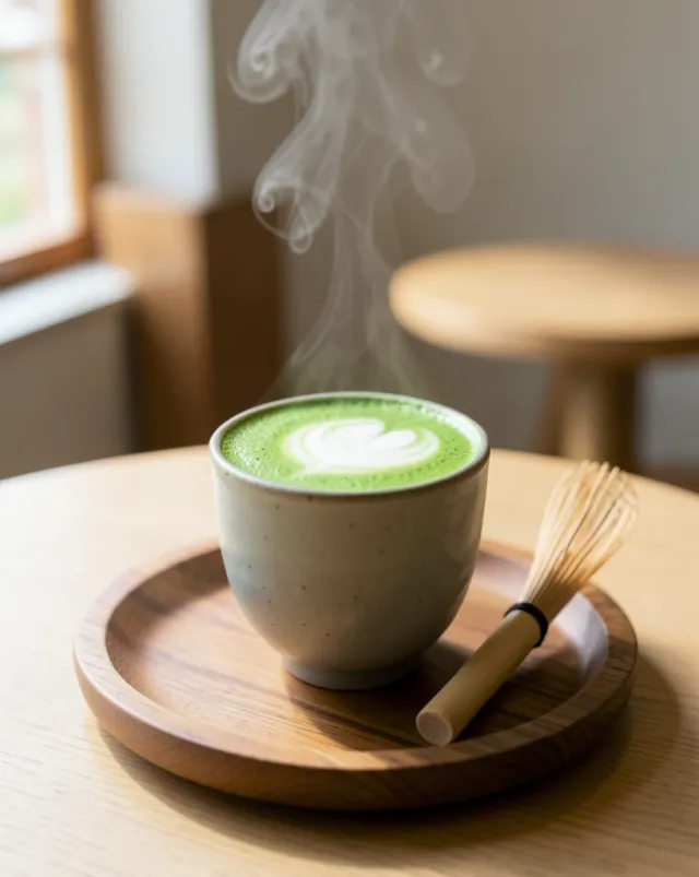 Steaming matcha latte in a ceramic cup with green foam art and bamboo whisk on wooden saucer