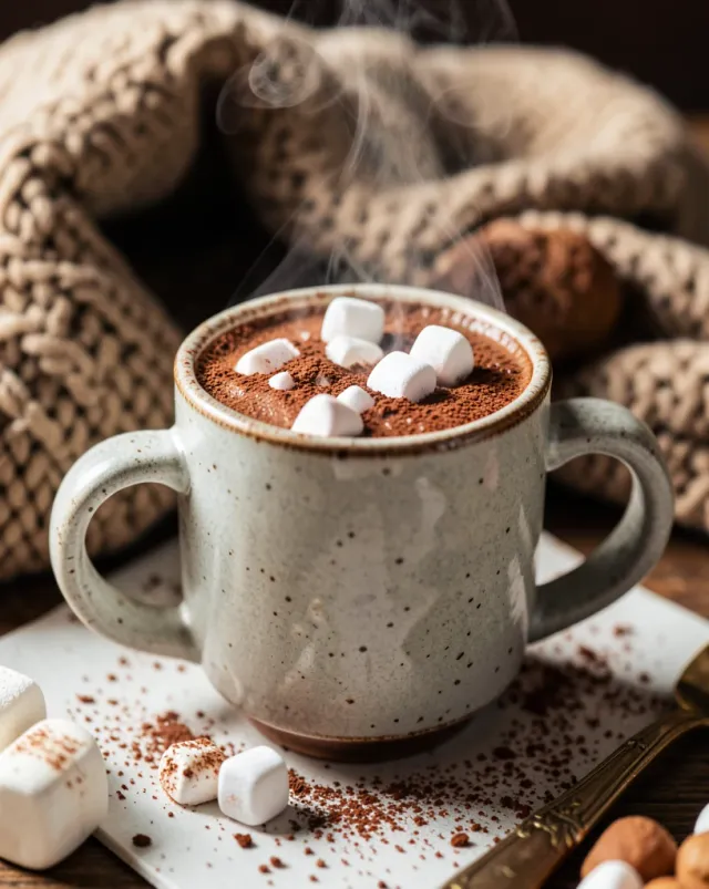 Steaming hot chocolate with mini marshmallows and cocoa dust in a chunky ceramic mug