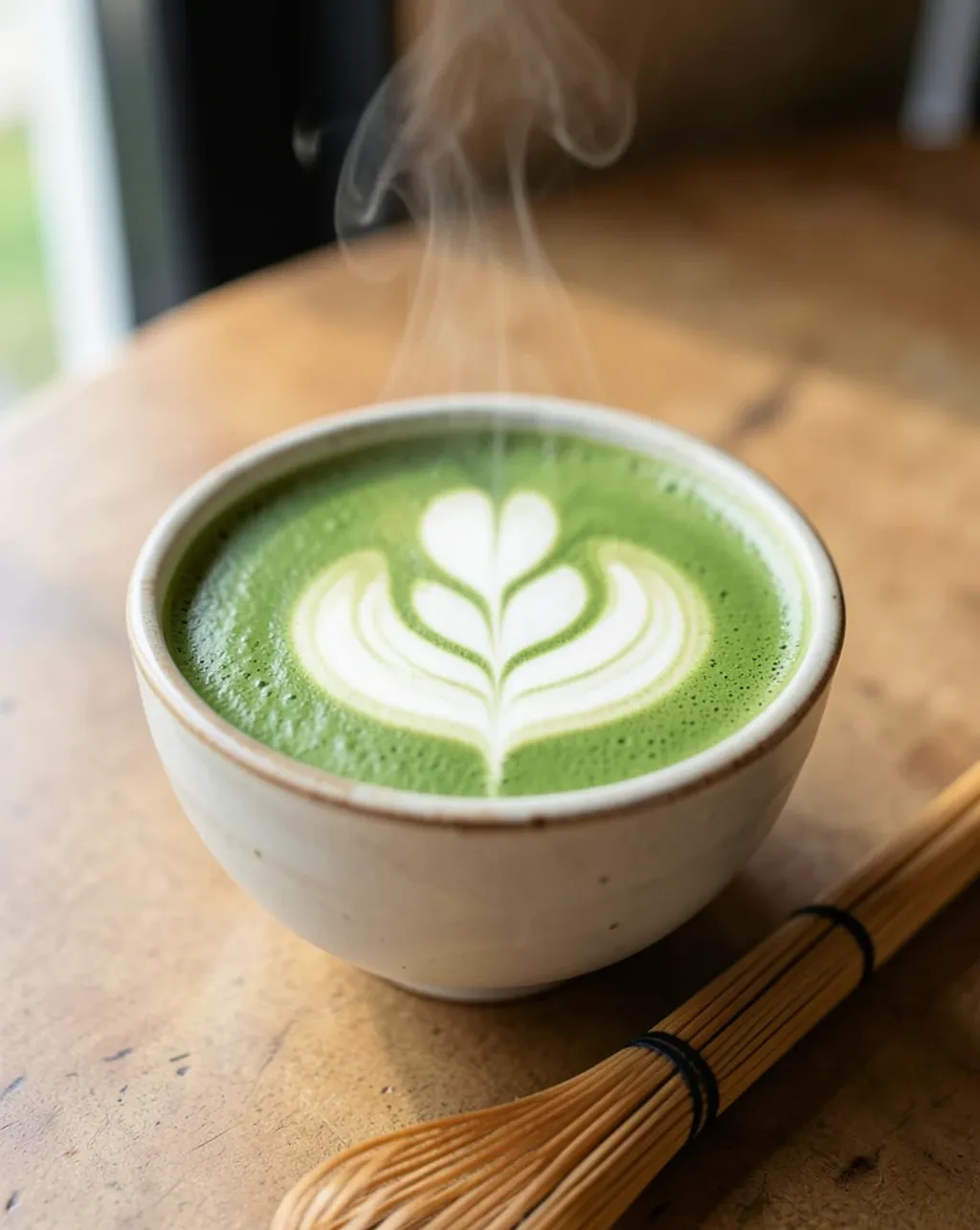 Ceramic matcha bowl with frothy green latte art, bamboo whisk beside it in soft natural light