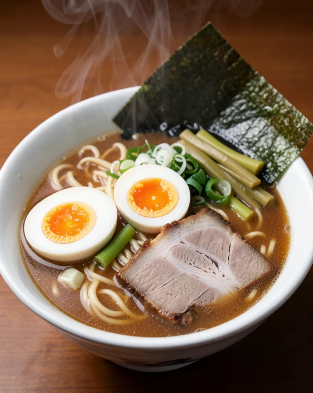 Steaming ramen bowl with tonkotsu broth, noodles, soft-boiled egg, chashu pork, green onions, nori, and bamboo shoots