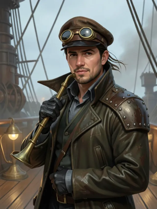 Steampunk airship captain in goggles and an oiled coat on deck with rigging blurred behind