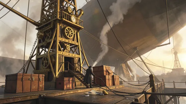 Steampunk airship dock concept art with a brass mooring tower and docked zeppelin in brass copper and charcoal