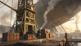 Steampunk airship dock concept art with a brass mooring tower and docked zeppelin in brass copper and charcoal