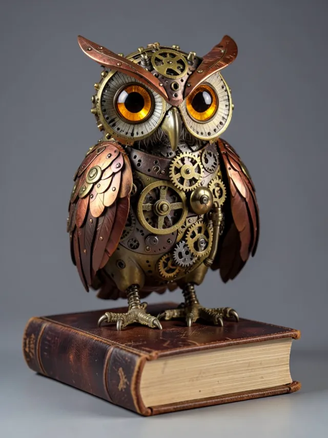 Steampunk clockwork owl with brass feathers, glowing amber eyes, and visible gears