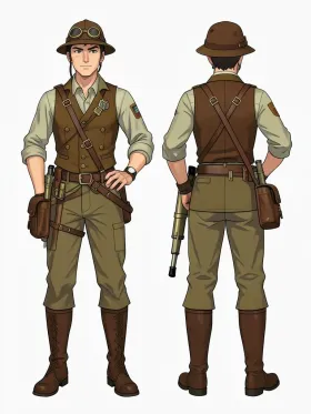 Steampunk explorer character sheet with front side and back turnaround in brass and olive gear