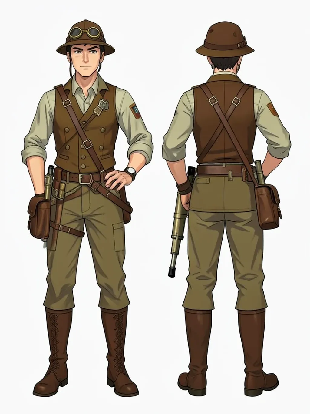 Steampunk explorer character sheet with front side and back turnaround in brass and olive gear