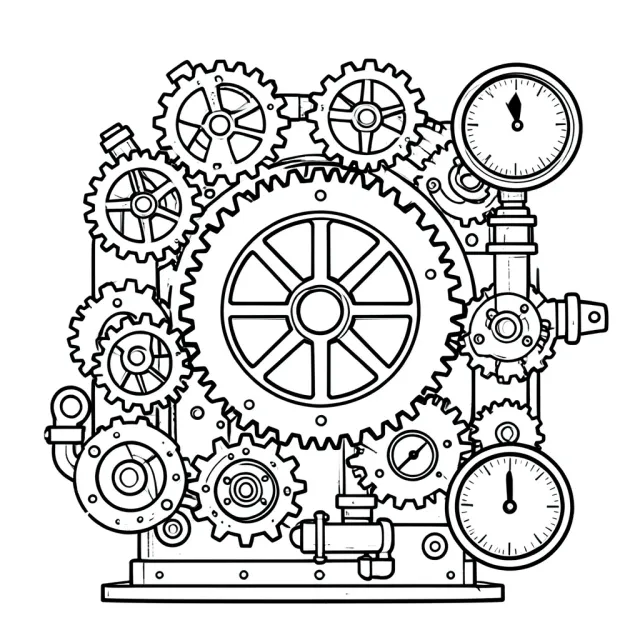 Steampunk gears adult coloring page with interlocking cogs, pipes, valves and pressure gauge in bold outlines