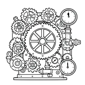 Steampunk gears adult coloring page with interlocking cogs, pipes, valves and pressure gauge in bold outlines