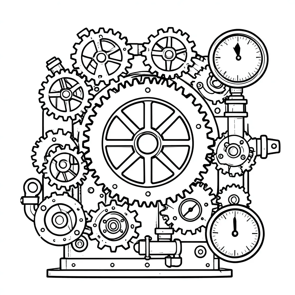 Steampunk gears adult coloring page with interlocking cogs, pipes, valves and pressure gauge in bold outlines