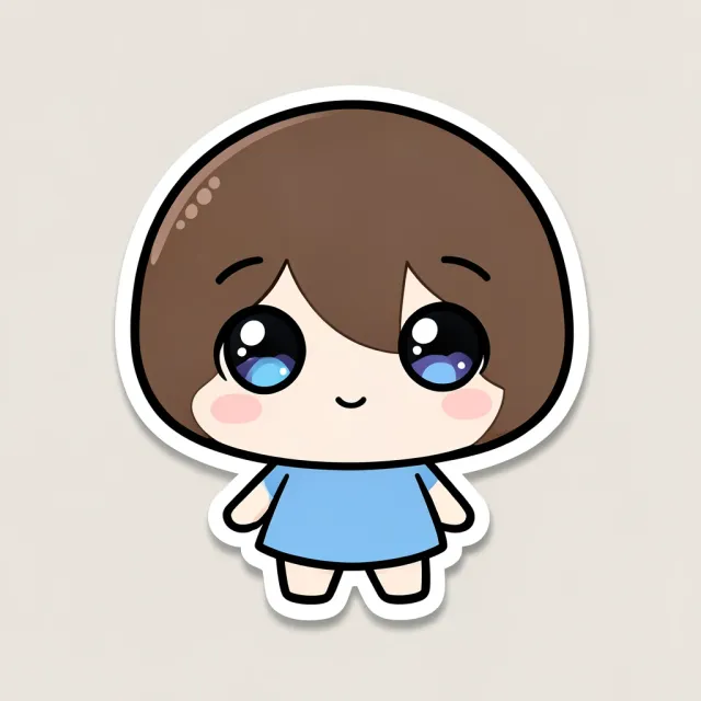 Cute chibi character avatar with oversized head and big eyes in a glossy die-cut sticker style