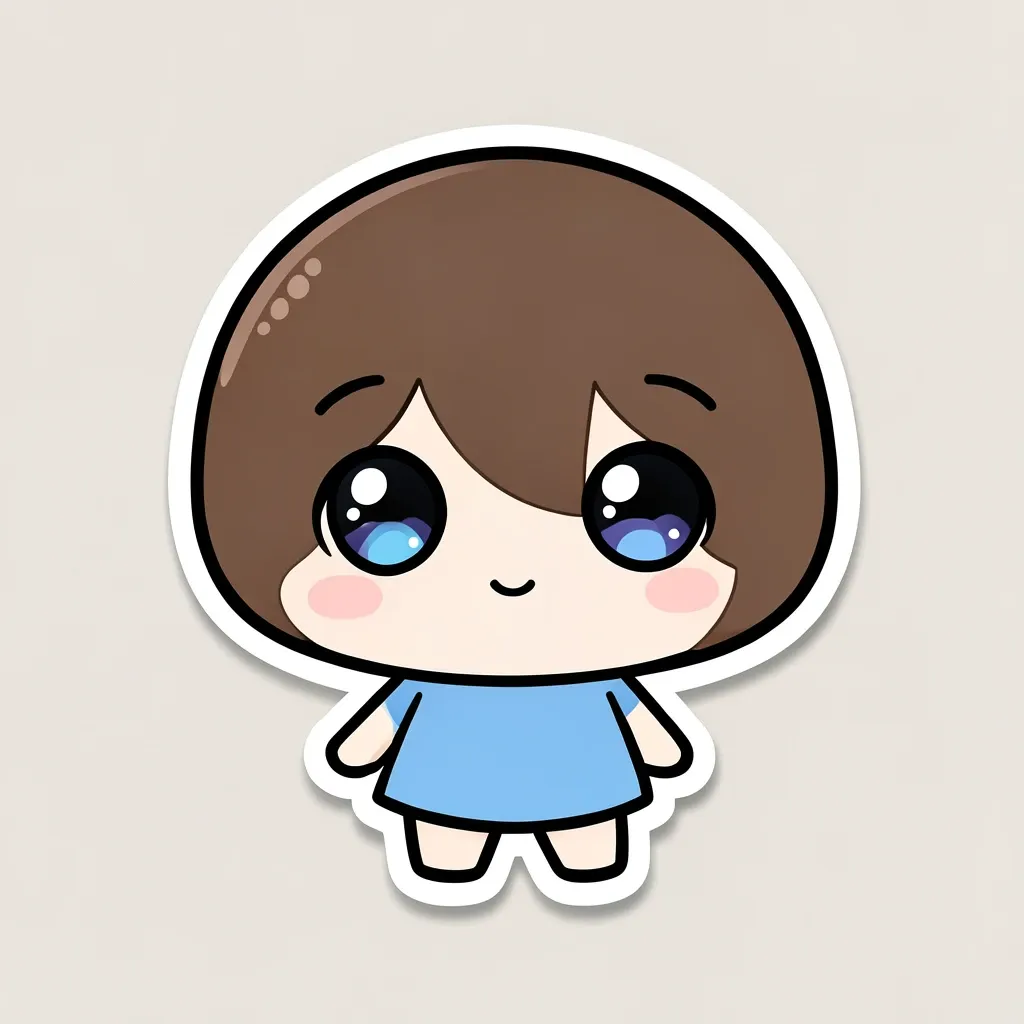 Cute chibi character avatar with oversized head and big eyes in a glossy die-cut sticker style
