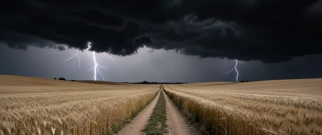 Dark storm clouds above golden rolling wheat hills with a dirt road and distant lightning