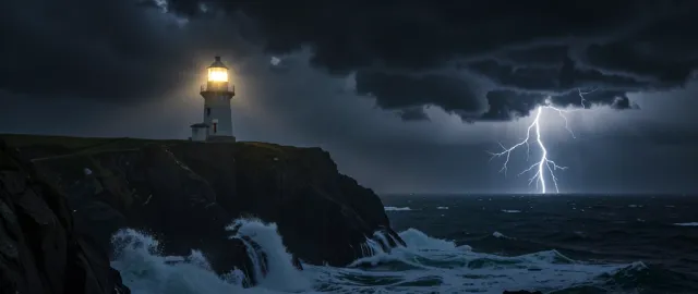 Stormy lighthouse with bright beacon on a dark rocky cliff above crashing waves