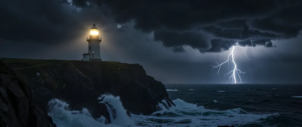 Stormy lighthouse with bright beacon on a dark rocky cliff above crashing waves