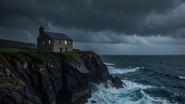 Small stone cottage on rocky cliff with crashing waves and storm clouds, warm light glowing from windows