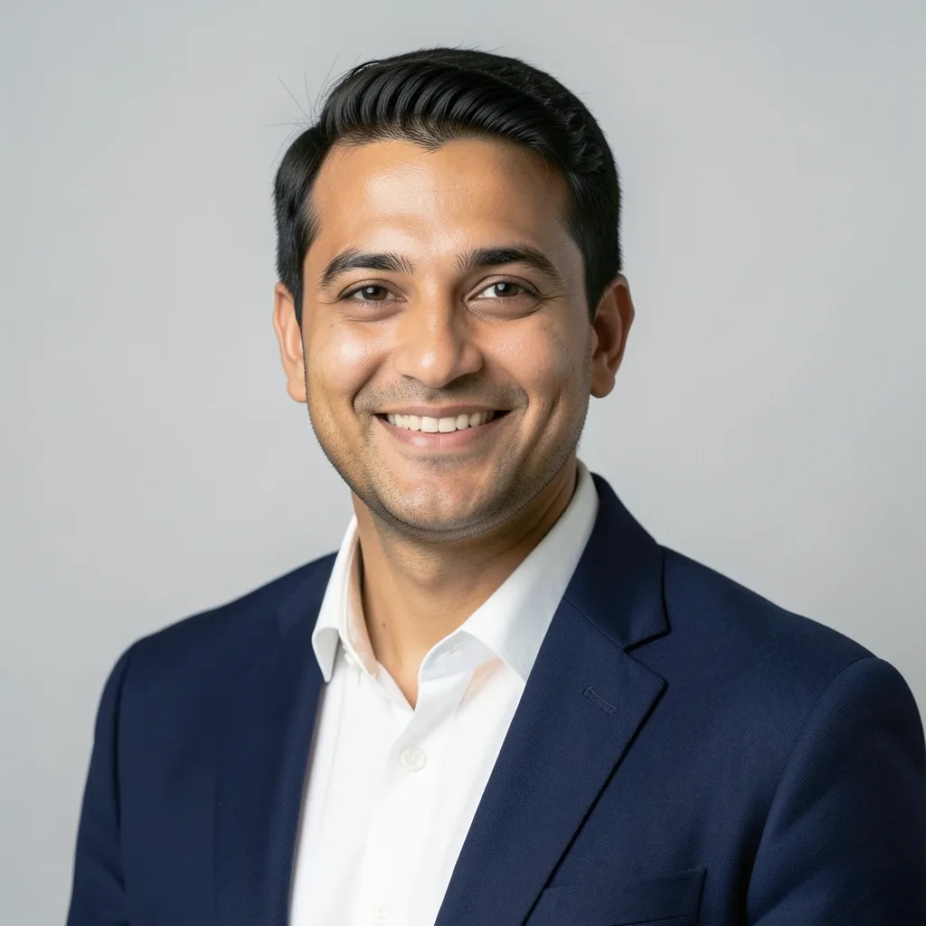 Professional studio headshot of a man in navy blazer against gray backdrop