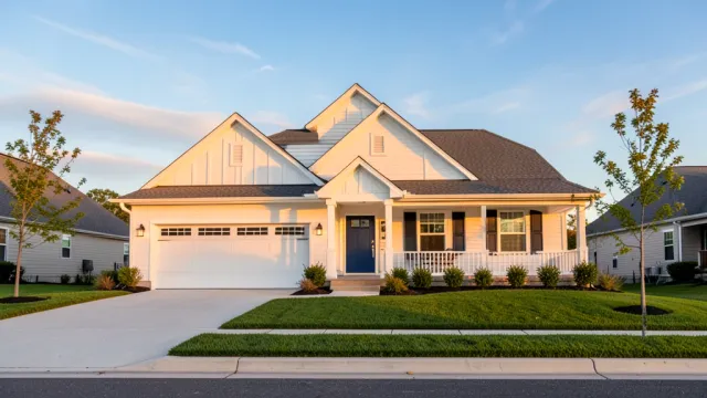 Suburban house exterior with tidy lawn and warm golden-hour curb appeal for listings