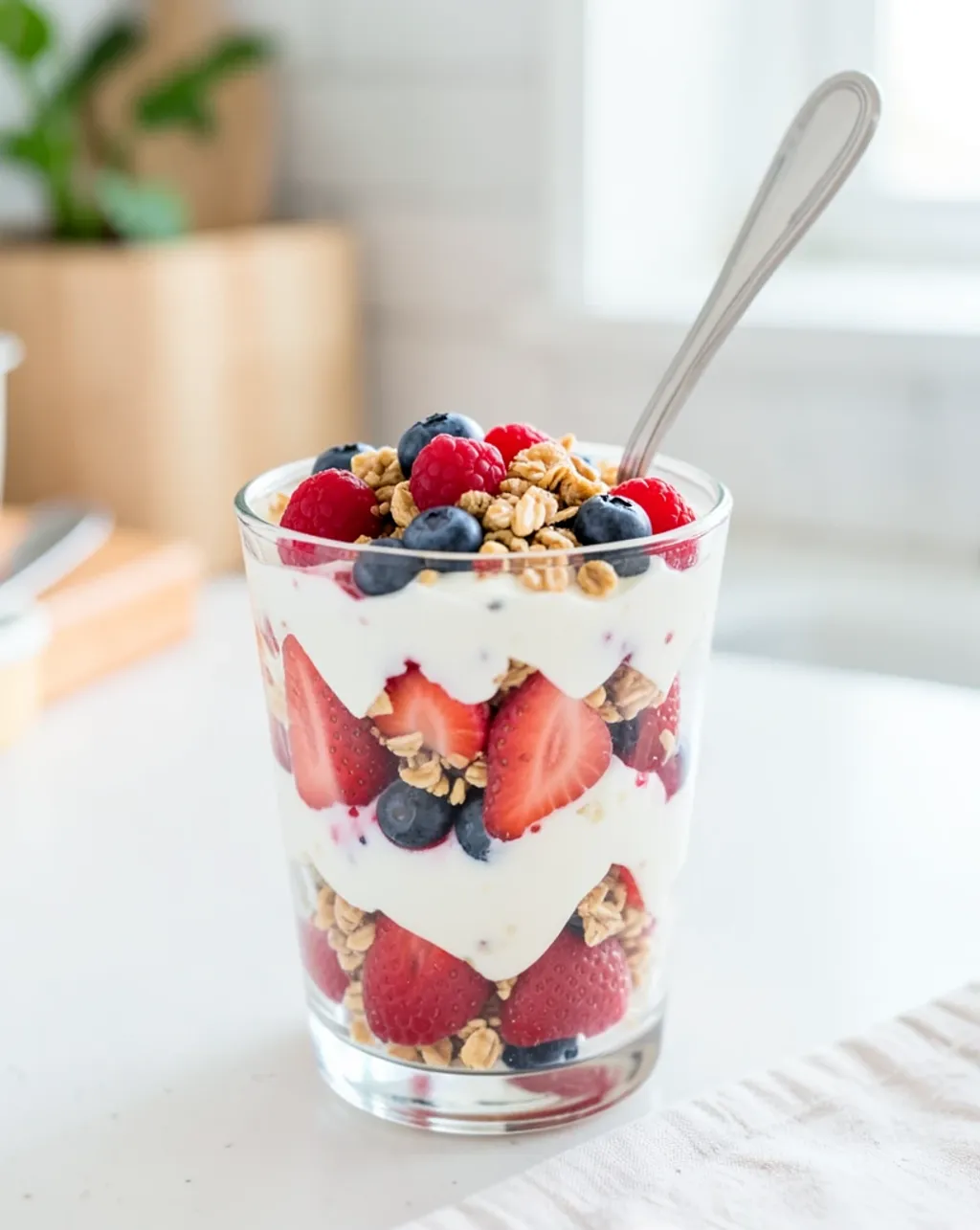 Layered summer berry parfait in a glass with yogurt, granola, strawberries, blueberries, and raspberries