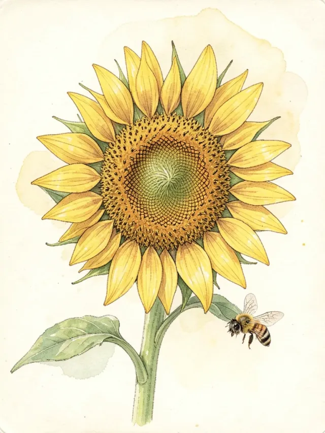 Botanical sunflower with detailed petals and seeds and a small bumblebee on cream paper