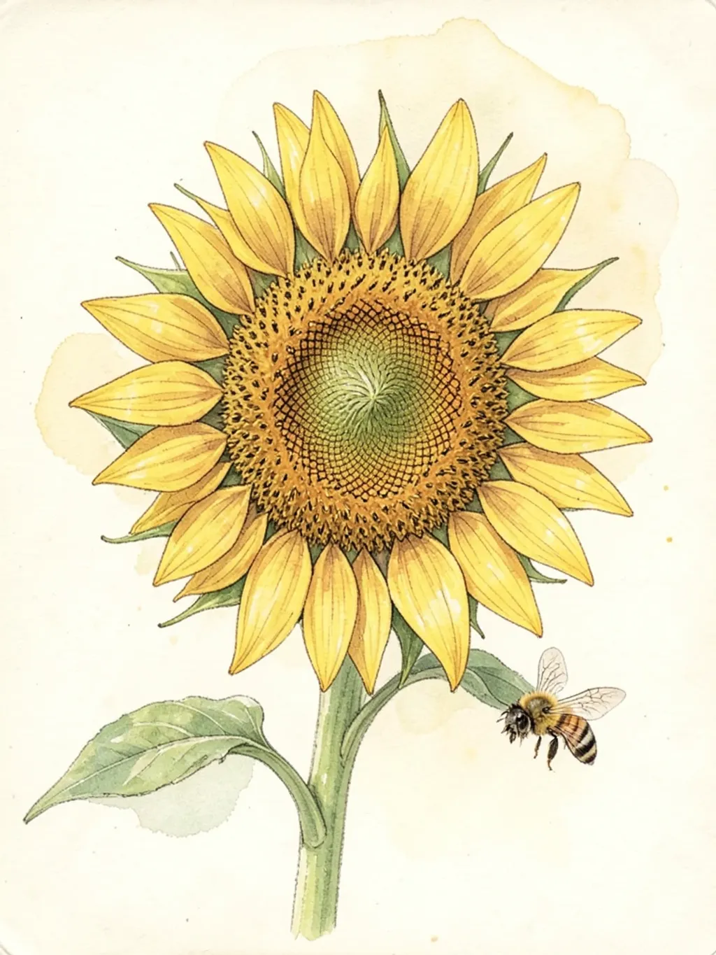 Botanical sunflower with detailed petals and seeds and a small bumblebee on cream paper