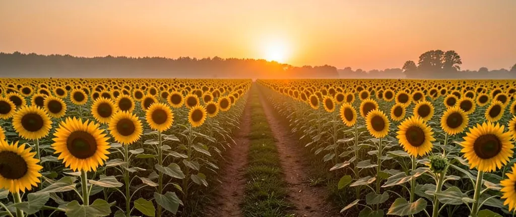 Endless sunflower field at golden hour with a narrow dirt path and distant tree line