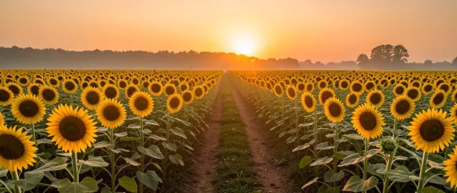 Endless sunflower field at golden hour with a narrow dirt path and distant tree line