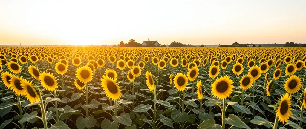 Endless sunflower field facing east with soft golden sunrise light, long shadows, and distant farmhouse