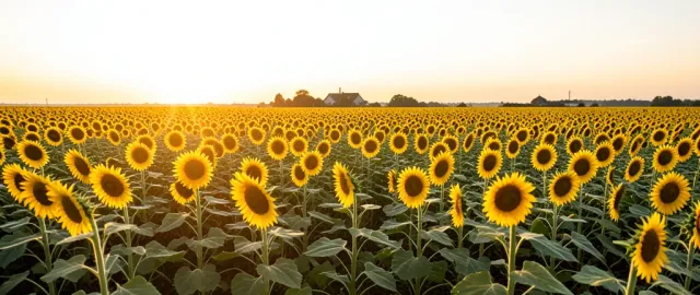 Endless sunflower field facing east with soft golden sunrise light, long shadows, and distant farmhouse