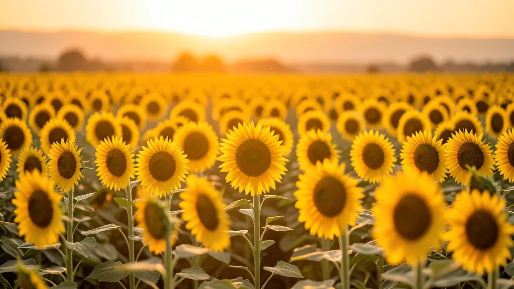 Sunflower field at golden hour with endless yellow blooms facing the setting sun