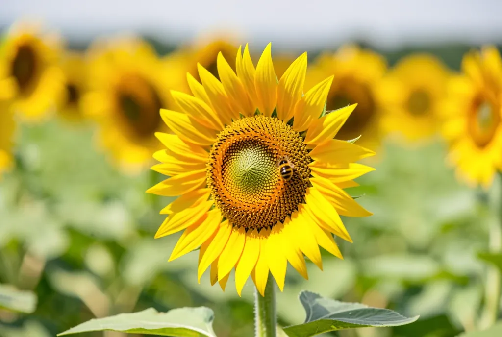 Golden sunflower in sharp focus with a bumblebee near its center, blurred sunflower field behind in summer light