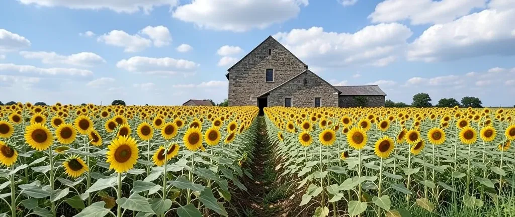 Endless rows of golden sunflowers leading to an old stone barn under a partly cloudy summer sky