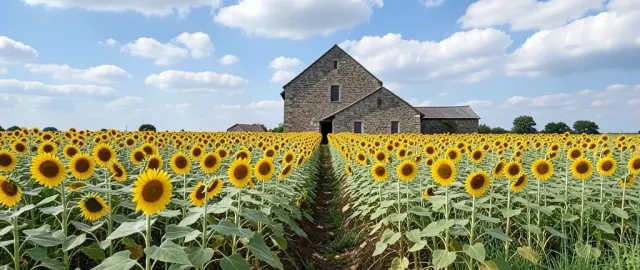 Endless rows of golden sunflowers leading to an old stone barn under a partly cloudy summer sky