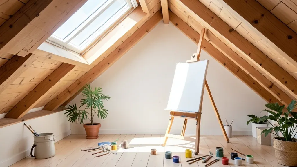 Bright attic studio with sloped ceiling, skylight, easel, paint jars, brushes, and potted plants
