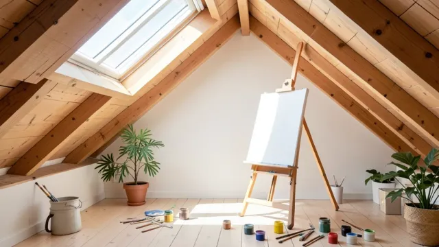 Bright attic studio with sloped ceiling, skylight, easel, paint jars, brushes, and potted plants
