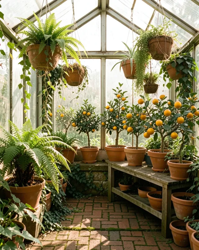 Sunlit greenhouse interior with hanging ferns, potted citrus trees, and a weathered wooden potting bench