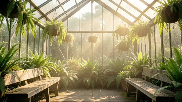 Glass greenhouse filled with lush ferns and hanging plants, sunlight through panes, wooden benches, and misty air